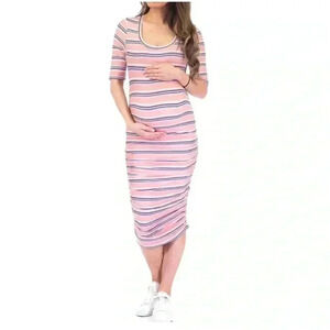 🆕 Mother Bee Maternity Mauve Stripe Ruche Dress M🆕